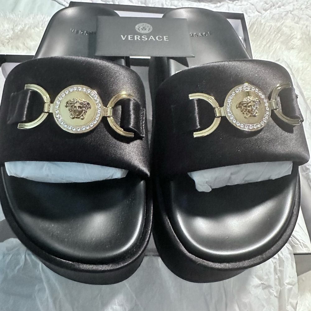 Versace Medusa Satin Embellished Platform Slide Sandals Size 8.5 - Picture 5 of 10